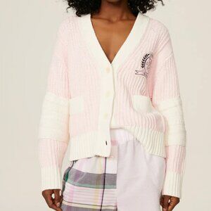 Tommy Hilfiger The Varsity Cardigan Sweater 100% Cotton Pink White 40/8